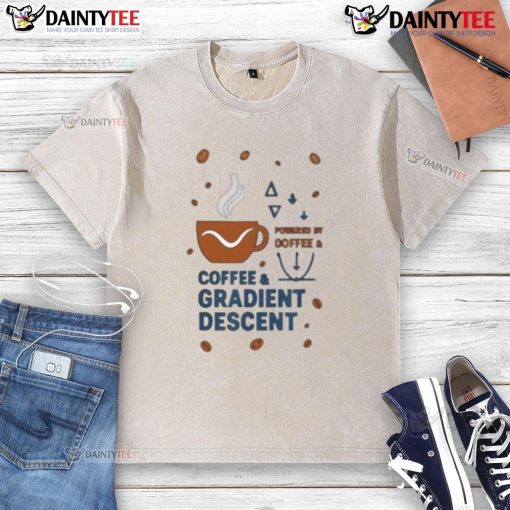 Nice Powered by Coffee and Gradient Descent washed t-shirt in a casual setting, perfect for tech enthusiasts.