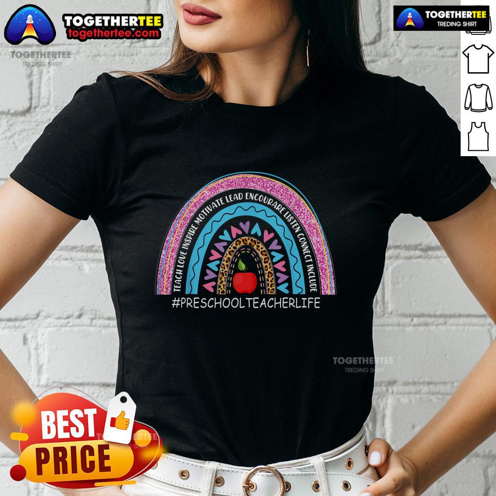 Nice Preschool Teacher Rainbow Teacher Love Inspire Lead Motivate Ladies Tee Nice preschool teacher wearing a rainbow tee with 'Love, Inspire, Lead, Motivate' text, perfect for educators.