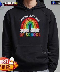 Colorful hoodie with a rainbow design celebrating the last day of school for happy boys and girls, perfect for teachers.