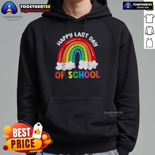 Colorful hoodie with a rainbow design celebrating the last day of school for happy boys and girls, perfect for teachers.