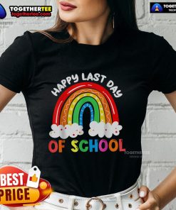 Happy kids in a colorful tee celebrating the last day of school with a vibrant rainbow design.