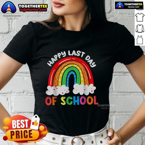Happy kids in a colorful tee celebrating the last day of school with a vibrant rainbow design.