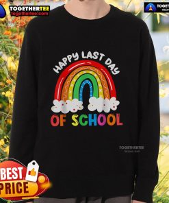 Colorful rainbow sweatshirt for kids celebrating the last day of school with a happy teacher and joyful boys and girls.