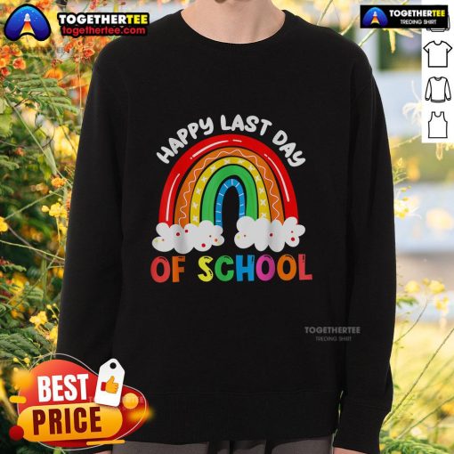 Colorful rainbow sweatshirt for kids celebrating the last day of school with a happy teacher and joyful boys and girls.