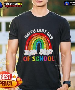 Colorful rainbow design on a Happy Last Day of School T-shirt for boys and girls, perfect for teachers and kids.