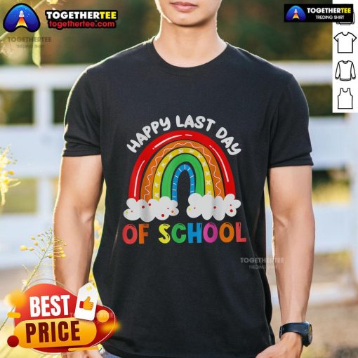Colorful rainbow design on a Happy Last Day of School T-shirt for boys and girls, perfect for teachers and kids.
