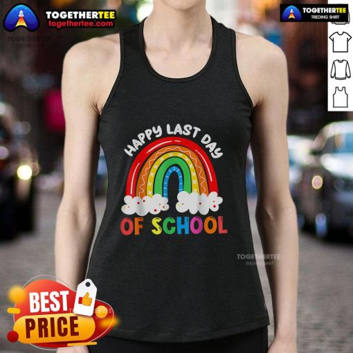 Happy kids in a colorful tank top celebrating the last day of school with a rainbow design, perfect for boys and girls.