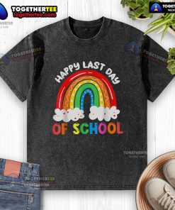 Colorful rainbow design on a happy last day of school t-shirt for boys and girls, perfect for teachers and kids.