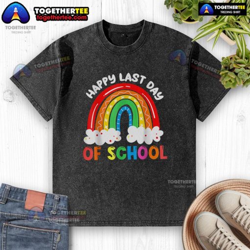 Colorful rainbow design on a happy last day of school t-shirt for boys and girls, perfect for teachers and kids.