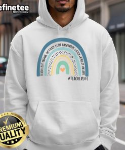 Colorful hoodie featuring 'Love, Inspire, Lead, Motivate' slogan, perfect for teachers who inspire with positivity.