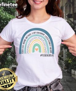 Colorful rainbow design on a teacher tee, featuring 'Love, Inspire, Lead, Motivate' for educators who make a difference.