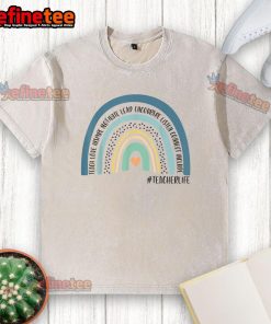 Colorful 'Nice Rainbow Teacher' t-shirt design featuring the words 'Love, Inspire, Lead, Motivate' for educators.