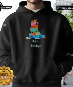 Happy traveler wearing a Nice Road Trip Happy Holidays hoodie, enjoying scenic views on a road trip adventure.