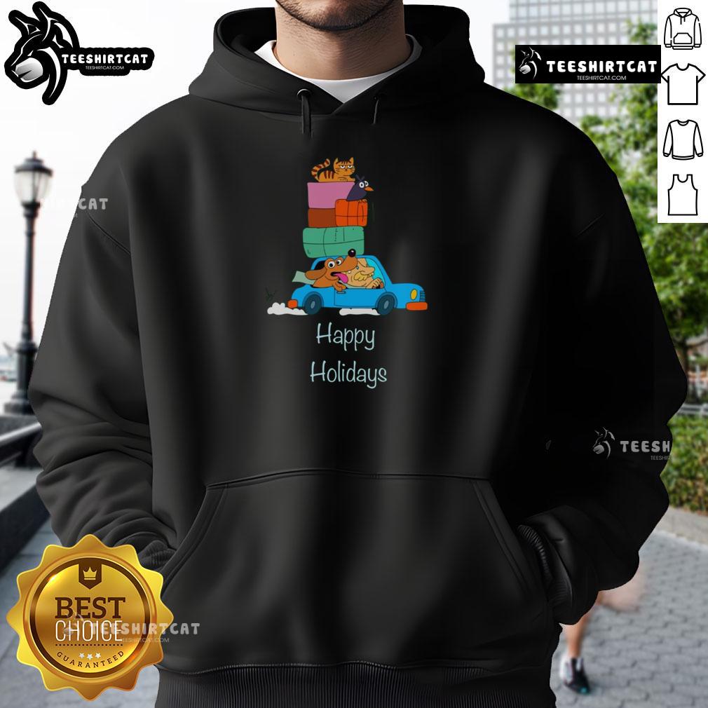 Nice Road Trip Happy Holidays Hoodie Happy traveler wearing a Nice Road Trip Happy Holidays hoodie, enjoying scenic views on a road trip adventure.