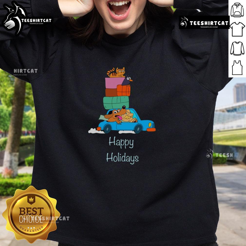 Nice Road Trip Happy Holidays Sweatshirt Cozy 'Nice Road Trip Happy Holidays' sweatshirt displayed against a scenic backdrop, perfect for festive travel adventures.