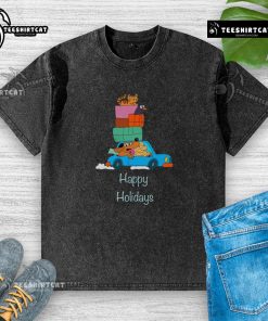 Happy Holidays washed t-shirt featuring a scenic road trip design, perfect for travel enthusiasts and holiday celebrations.