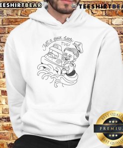 Alt Text: Cozy hoodie featuring the 'Just A Quick Little Tugski' logo, set against a backdrop of a nice rusty van at a ranch.