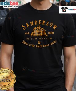 Alt Text: Nice Sanderson Witch Museum T-Shirt featuring the Black Flame Candle, established 1693, perfect for Halloween fans.