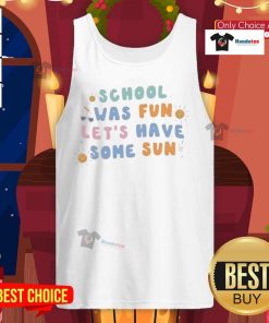 Happy kids wearing 'Nice School Was Fun Let's Have Some Sun' tank tops enjoying a sunny day outdoors.