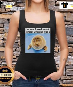 Playful seal wearing a tank top, recalling a quirky story of being forced to eat cement at age 6.