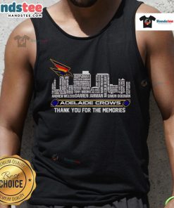 Adelaide skyline tank top featuring 'Thank You For The Memories' with Crows logo, perfect for fans celebrating the team.
