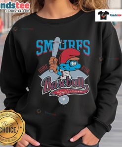 Alt Text: Nice Smurf Baseball Home Run Since 1958 sweatshirt featuring vibrant blue design and playful Smurf graphics.
