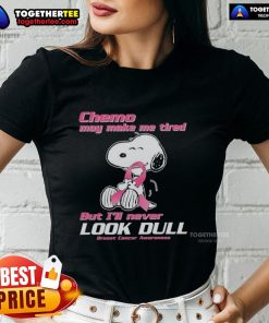 Stylish pink tee featuring Snoopy, promoting breast cancer awareness with a fun message about chemo and staying vibrant.