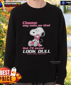 Colorful Snoopy sweatshirt for breast cancer awareness, showcasing a cheerful design despite chemo fatigue.