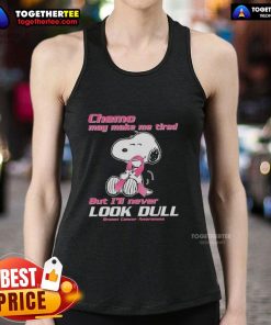 Breast cancer awareness tank top featuring Snoopy, promoting positivity despite chemo fatigue.