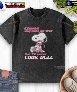 Snoopy graphic on a washed t-shirt promoting breast cancer awareness, showcasing style and resilience during chemo.