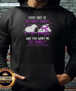 Alt Text: Snoopy hoodie with 'Every part of my body hurts' text for Pancreatic Cancer Awareness, promoting support and awareness.