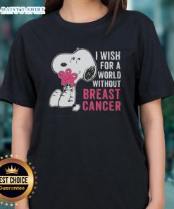 Nice Snoopy I Wish For A World Without Breast Cancer Ladies Tee featuring a whimsical Snoopy design promoting breast cancer awareness.