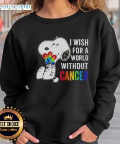 Nice Snoopy sweatshirt with 'I Wish For A World Without Cancer' design, promoting cancer awareness and support.