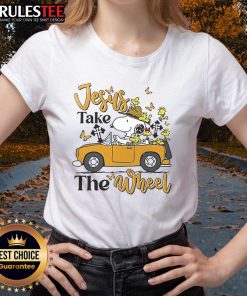 Nice Snoopy Jesus Take The Wheel Ladies Tee featuring a playful Snoopy graphic and inspirational text for casual wear.