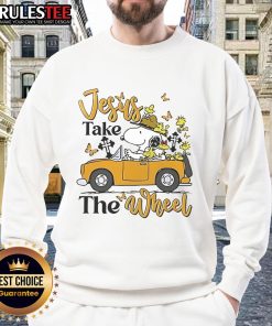 Cozy Nice Snoopy Jesus Take The Wheel Sweatshirt featuring a playful Snoopy design, perfect for casual wear.