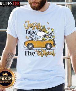 Alt Text: Nice Snoopy Jesus Take The Wheel T-Shirt featuring Snoopy driving with a fun faith-inspired design.