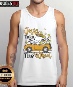Alt Text: Snoopy Jesus Take The Wheel tank top featuring a colorful design, perfect for casual summer wear and fan apparel.