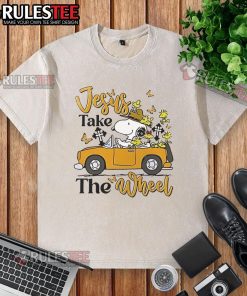 Alt Text: Nice Snoopy Jesus Take The Wheel washed t-shirt featuring a playful Snoopy graphic and inspirational text.