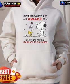 Cozy hoodie featuring Snoopy with 'Just because I'm awake doesn't mean I'm ready to do things' text, perfect for casual wear.