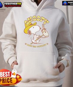 Retro Snoopy Ride 'Em Cowboy Hoodie featuring playful Snoopy graphic, perfect for fans of classic cartoon apparel.