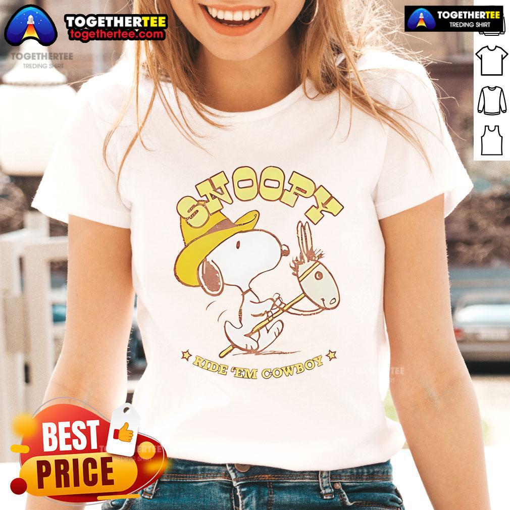 Nice Snoopy Ride Em Cowboy Retro Ladies Tee Retro ladies tee featuring Snoopy riding a cowboy, perfect for casual wear and Snoopy fans. Nice Snoopy Ride Em Cowboy design.