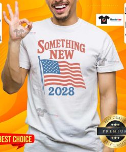 Alt Text: 2028 Gavin Newsom campaign T-shirt featuring 'Nice Something New' slogan, promoting support for his candidacy.