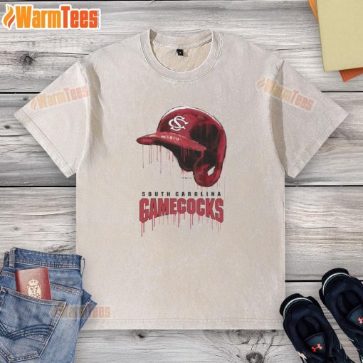 Nice South Carolina Gamecocks dripping baseball helmet design on a washed t-shirt, perfect for fans and casual wear.