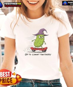 Spooky cucumber wizard on a skateboard graphic design for ladies' tee, perfect for Halloween-themed fashion.
