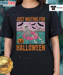 Alt Text: Cute spooky summer skeleton design on a ladies tee, perfect for Halloween enthusiasts and summer festivities.