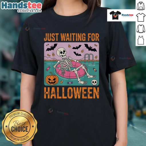 Alt Text: Cute spooky summer skeleton design on a ladies tee, perfect for Halloween enthusiasts and summer festivities.