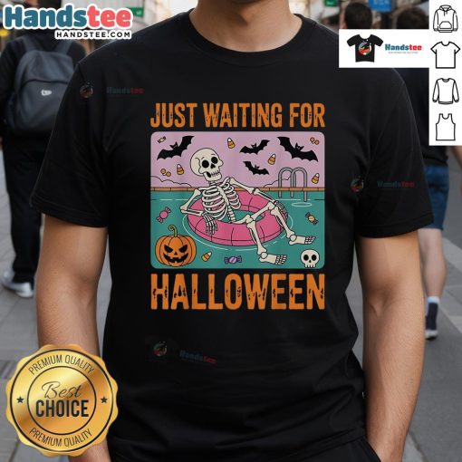 Nice spooky summer skeleton waiting for Halloween t-shirt design featuring a playful skeleton in a summer setting.