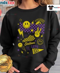 Alt Text: Nice Steeplechase Smiley Face Checkered Sweatshirt featuring a colorful smiley design on a stylish checkered background.