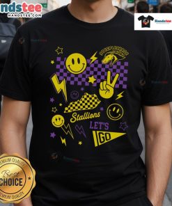 Alt Text: Nice Steeplechase Smiley Face Checkered T-Shirt featuring a vibrant smiley graphic on a stylish checkered pattern.