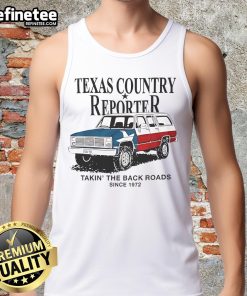 Nice Texas country reporter wearing a tank top with American flag design, showcasing back roads spirit since 1972.